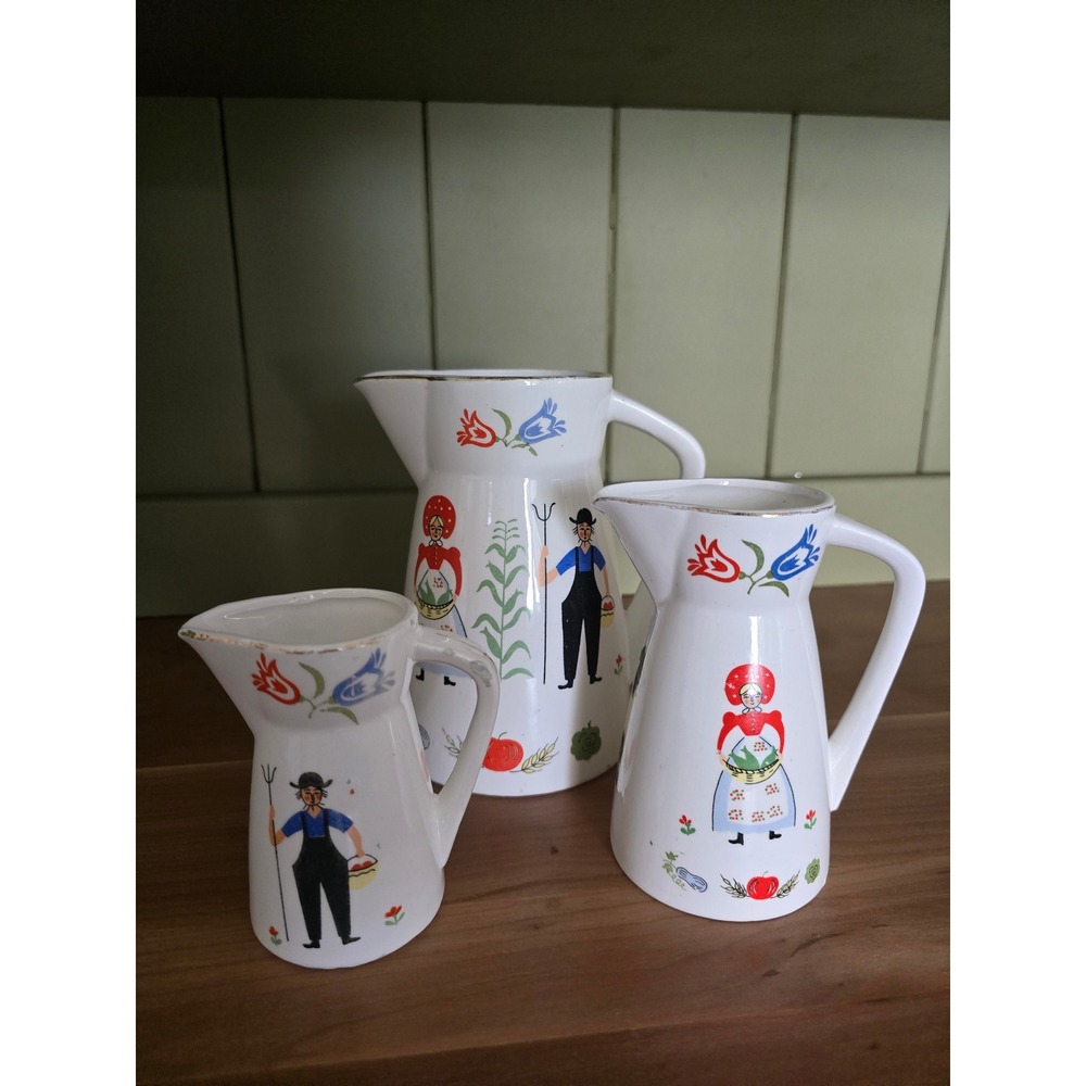 Vintage Penn Dutch Royal Sealy Pitcher Set of 3 Hand Painted Japan Farm Folk Art